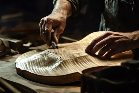 Luthier carefully crafting soundboard of string instrument in workshop Luthier meticulously shapes the wooden soundboard of a string instrument, demonstrating craftsmanship and precision in a dimly lit workshop