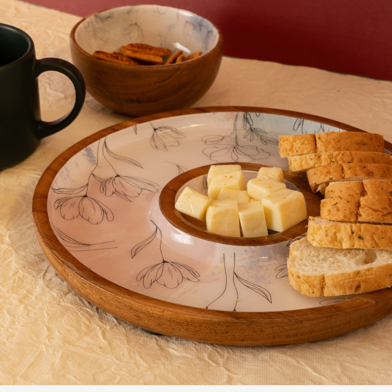 Floral Harmony Wood Bowl & Plate Set - Image 2
